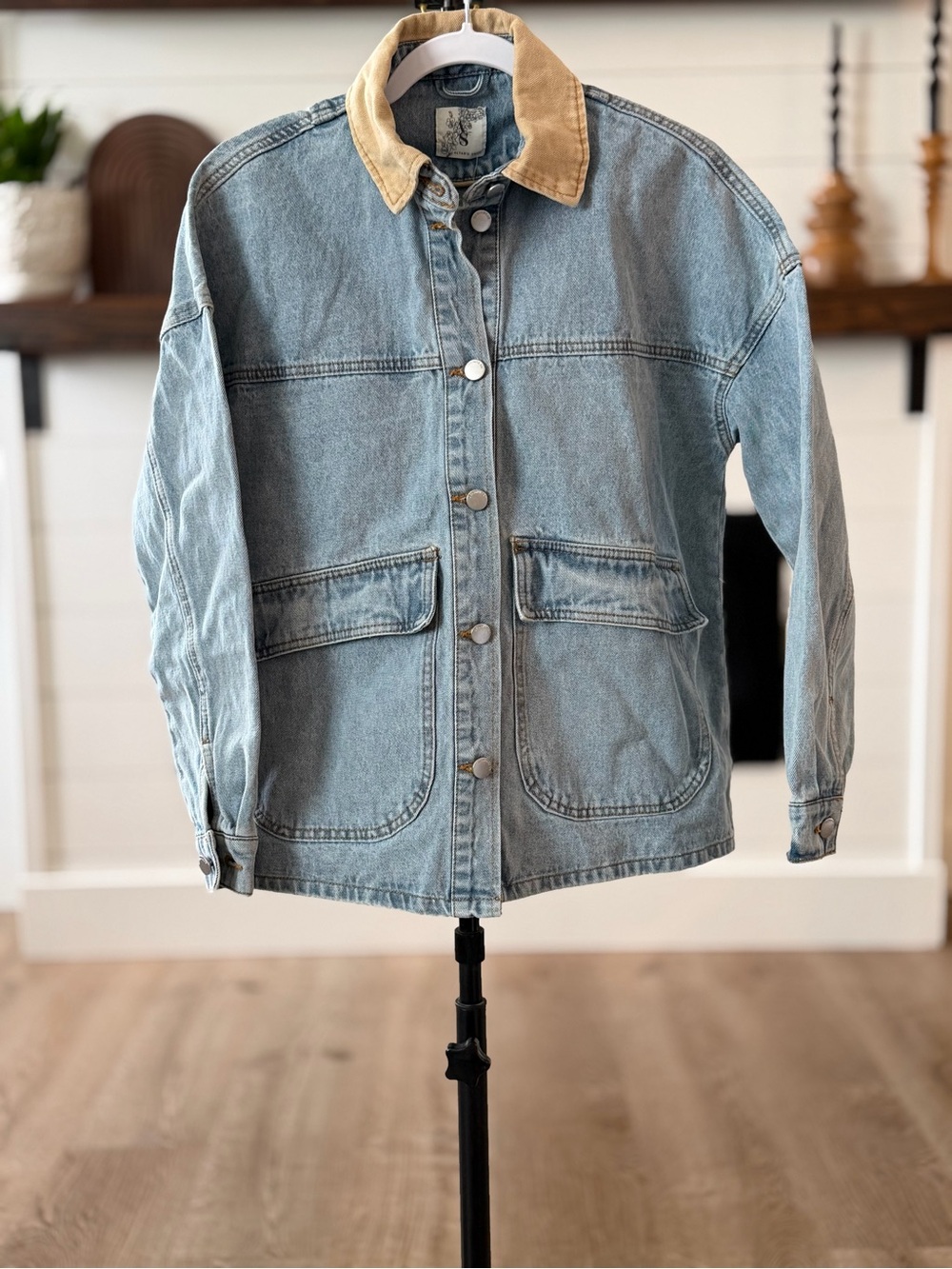 Altar'd State Light Wash Denim Jacket with Tan Corduroy Collar oversized